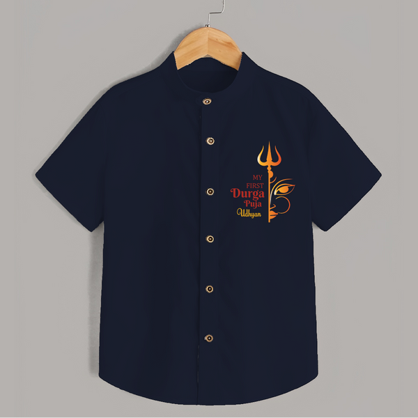 My First Durga Pooja Titled Customized Shirt For Kids - NAVY BLUE - 0 - 6 Months Old (Chest 23")