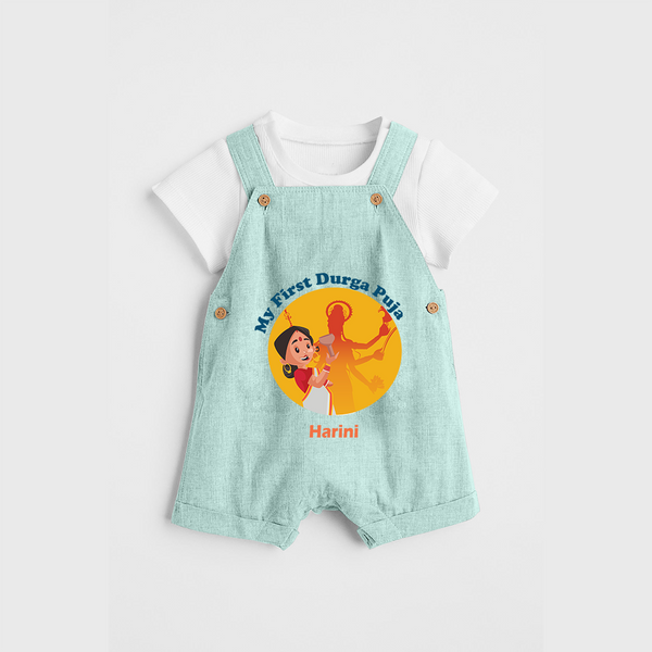 My First Durga Pooja , Durga Pooja Vibes With Customized Dungaree Set For Cute Little Kids - ARCTIC BLUE - 0 - 5 Months Old (Chest 18")