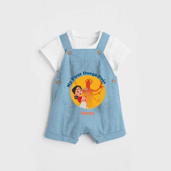 My First Durga Pooja , Durga Pooja Vibes With Customized Dungaree Set For Cute Little Kids - SKY BLUE - 0 - 5 Months Old (Chest 18")