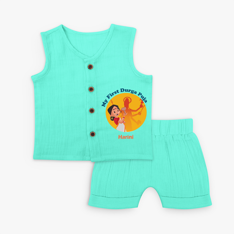 My First Durga Pooja , Durga Pooja Vibes With Customized Jabla Set For Cute Little Kids - AQUA GREEN - 0 - 3 Months Old (Chest 9.8")