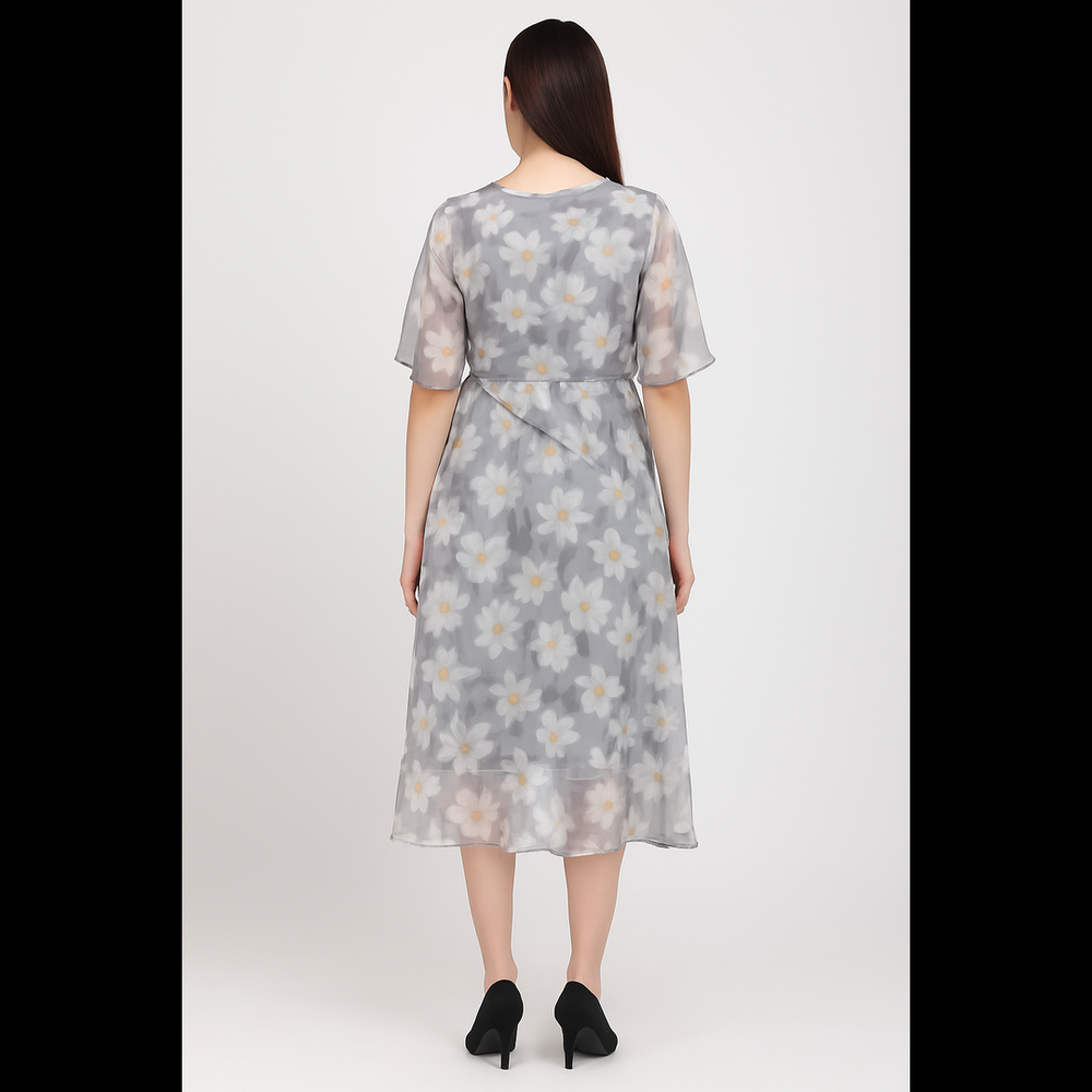 Grey Daisy Print Wrap Dress