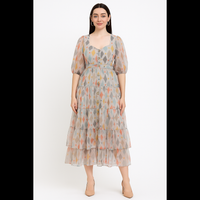 Pastel Diamond Print Tiered Midi Dress