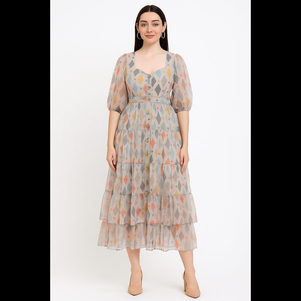 Pastel Diamond Print Tiered Midi Dress
