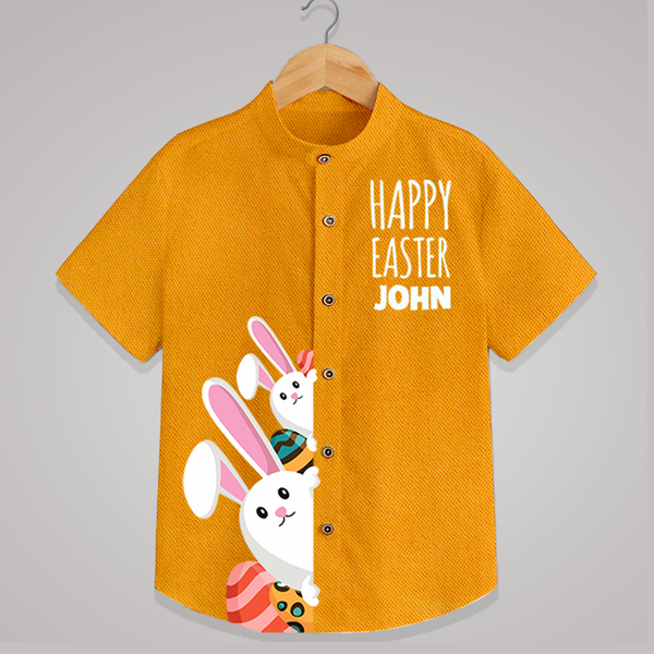 Happy Easter Personalized Kids Shirt – Premium Script Design - CHROME YELLOW - 0 - 6 Months Old (Chest 23")