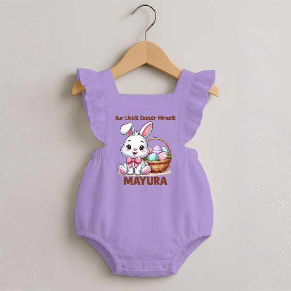 Personalized Easter Romper frock – Our Little Easter Miracle with Name - LILAC - 0 - 3 Months Old (Chest 19")