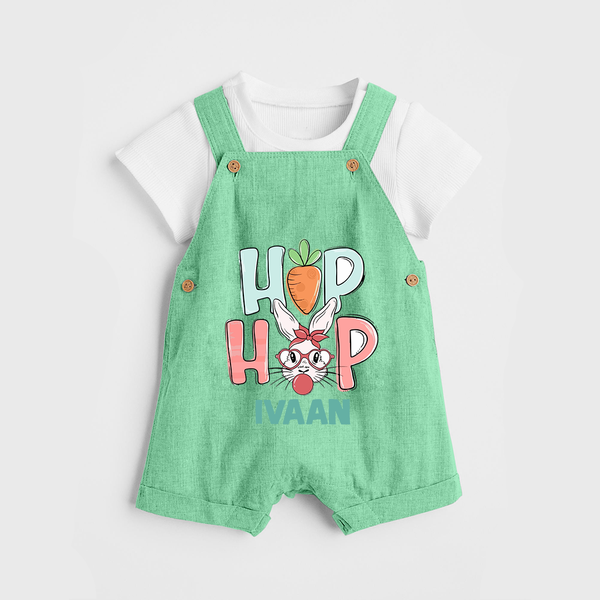 Hop Hop Personalized Dungaree – Cute Bunny Easter Outfit - GREEN - 0 - 5 Months Old (Chest 18")