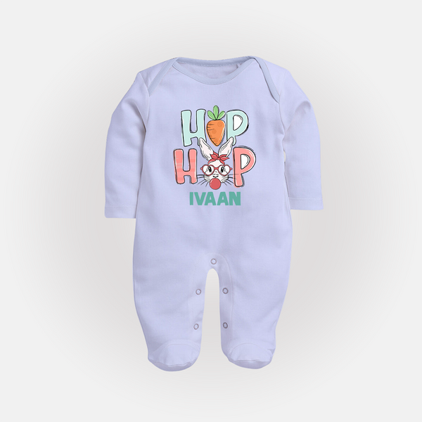 Hop Hop Personalized Fullbody suit – Cute Bunny Easter Outfit - BABY BLUE - New Born (Chest 7.5")