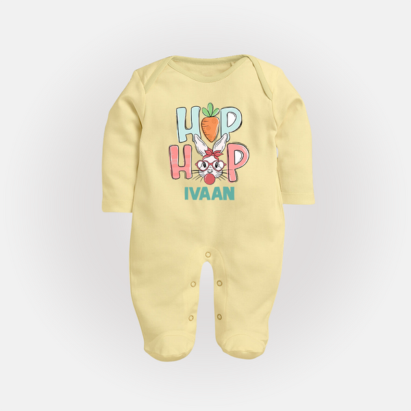 Hop Hop Personalized Fullbody suit – Cute Bunny Easter Outfit - PASTEL YELLOW - New Born (Chest 7.5")