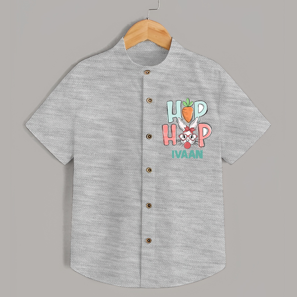 Hop Hop Personalized Shirt – Cute Bunny Easter Outfit - GREY - 0 - 6 Months Old (Chest 23")