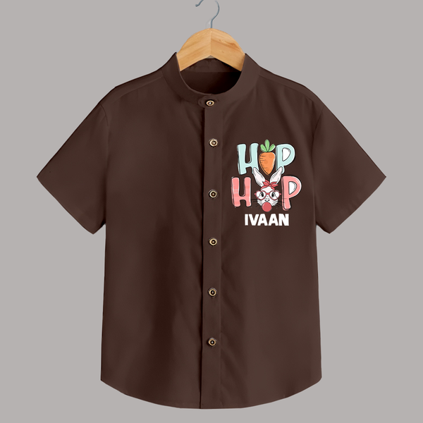 Hop Hop Personalized Shirt – Cute Bunny Easter Outfit - CHOCOLATE BROWN - 0 - 6 Months Old (Chest 23")