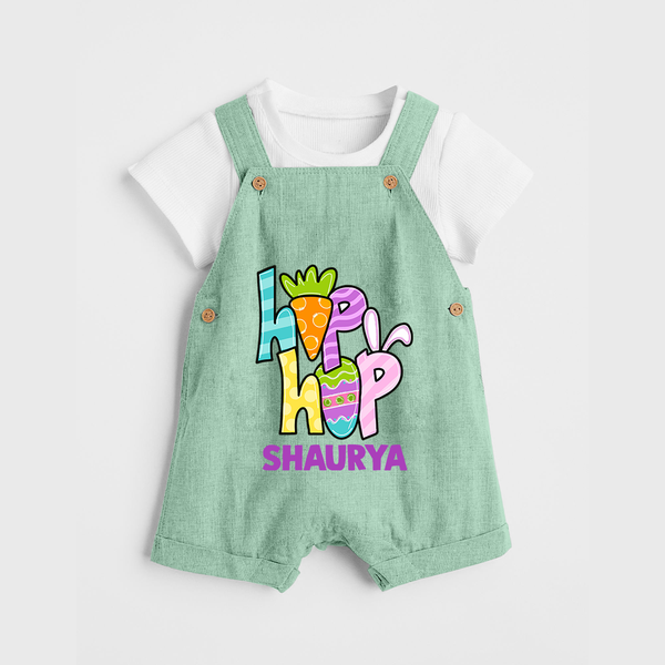 Personalized Easter Dungaree – Colorful Hop Bunny Design - MINT GREEN - 0 - 5 Months Old (Chest 18")