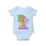 Personalized Easter Romper – Colorful Hop Bunny Design - BABY BLUE - New Born (Chest 14")