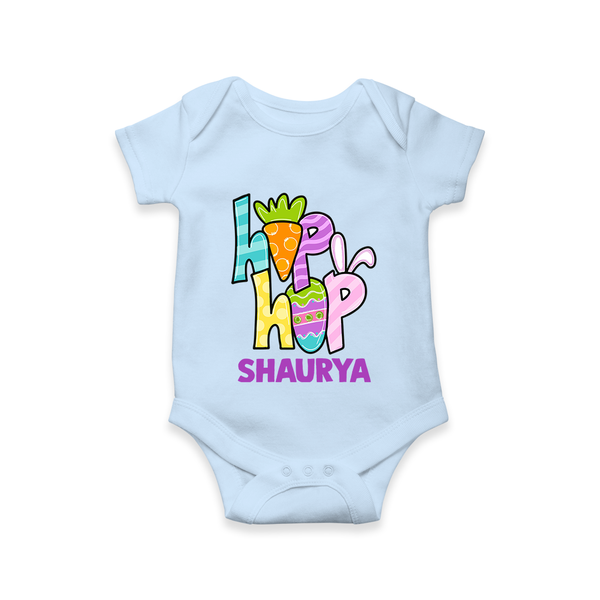 Personalized Easter Romper – Colorful Hop Bunny Design - BABY BLUE - New Born (Chest 14")