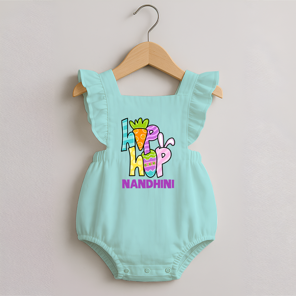 Personalized Easter Romper frock – Colorful Hop Bunny Design - MINT GREEN - 0 - 3 Months Old (Chest 19")