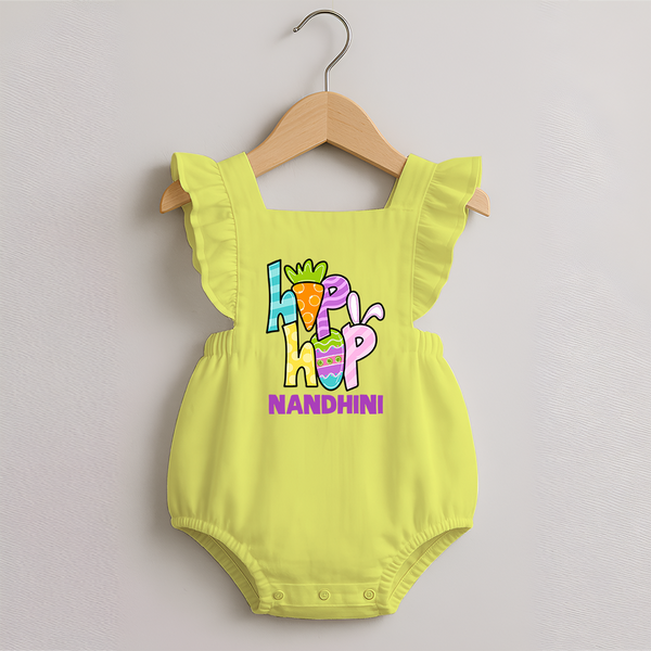 Personalized Easter Romper frock – Colorful Hop Bunny Design - PASTEL YELLOW - 0 - 3 Months Old (Chest 19")