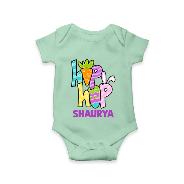 Personalized Easter Romper – Colorful Hop Bunny Design - MINT GREEN - New Born (Chest 14")