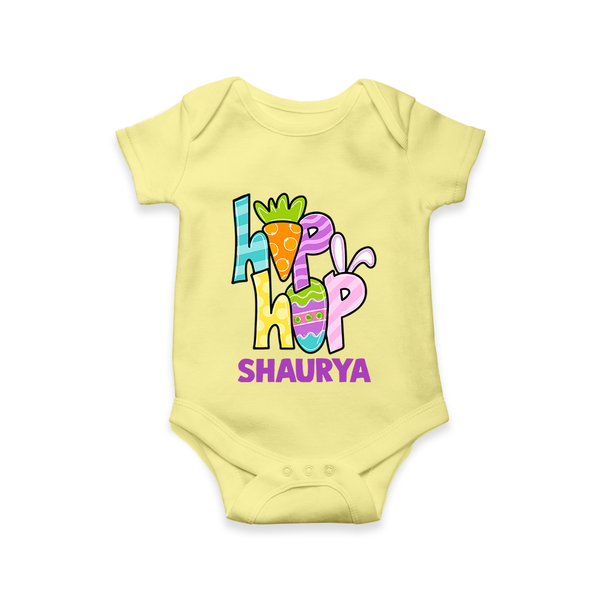 Personalized Easter Romper – Colorful Hop Bunny Design - PASTEL YELLOW - New Born (Chest 14")