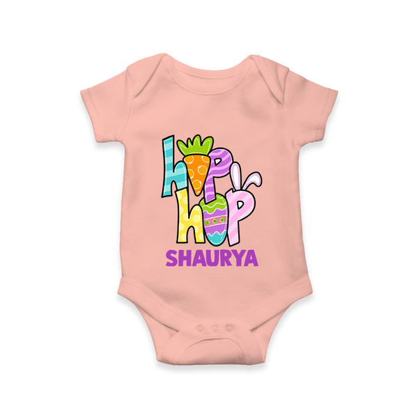 Personalized Easter Romper – Colorful Hop Bunny Design - PEACH - New Born (Chest 14")