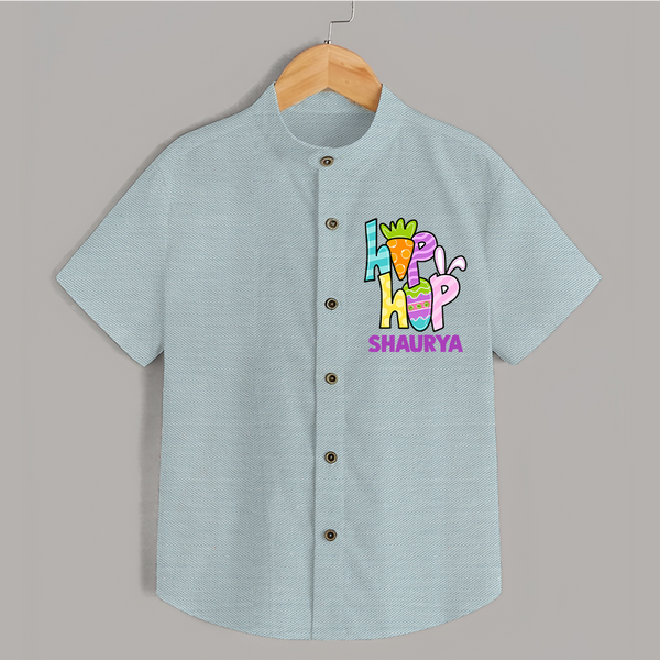 Personalized Easter Shirt – Colorful Hop Bunny Design - ARCTIC BLUE - 0 - 6 Months Old (Chest 23")