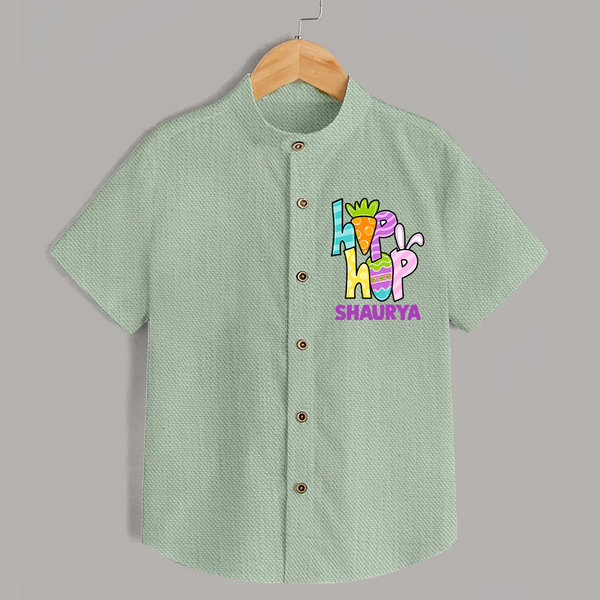 Personalized Easter Shirt – Colorful Hop Bunny Design - MINT GREEN - 0 - 6 Months Old (Chest 23")