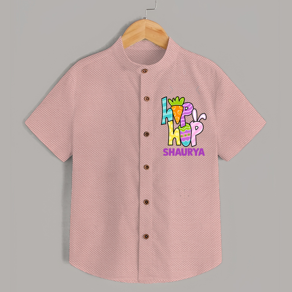 Personalized Easter Shirt – Colorful Hop Bunny Design - PEACH - 0 - 6 Months Old (Chest 23")
