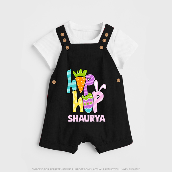 Personalized Easter Dungaree – Colorful Hop Bunny Design - BLACK - 0 - 5 Months Old (Chest 18")