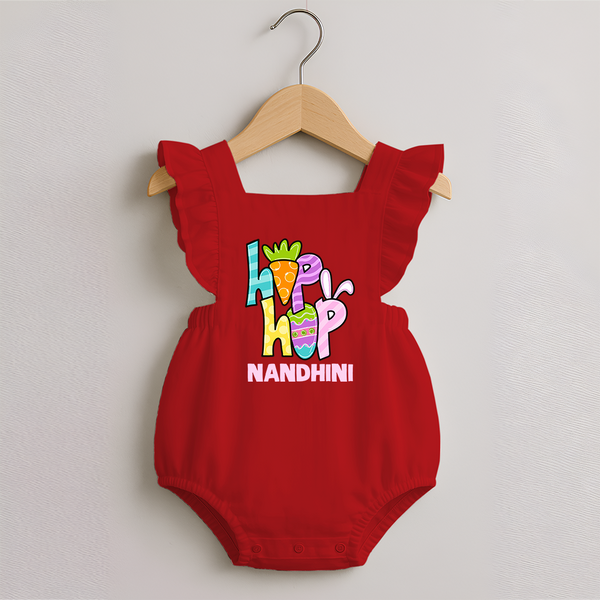 Personalized Easter Romper frock – Colorful Hop Bunny Design - RED - 0 - 3 Months Old (Chest 19")