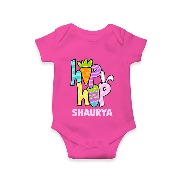 Personalized Easter Romper – Colorful Hop Bunny Design - HOT PINK - New Born (Chest 14")