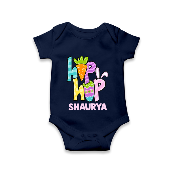 Personalized Easter Romper – Colorful Hop Bunny Design - NAVY BLUE - New Born (Chest 14")