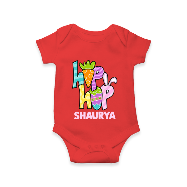 Personalized Easter Romper – Colorful Hop Bunny Design - RED - New Born (Chest 14")