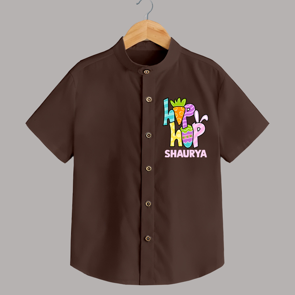 Personalized Easter Shirt – Colorful Hop Bunny Design - CHOCOLATE BROWN - 0 - 6 Months Old (Chest 23")