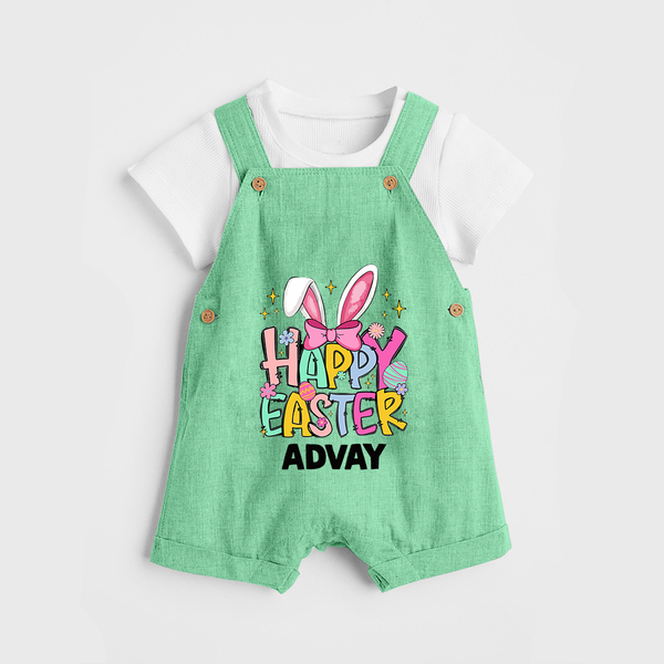 Happy Easter Personalized Dungaree – Festive Bunny Design - GREEN - 0 - 5 Months Old (Chest 18")