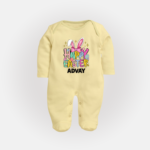 Happy Easter Personalized Fullbody suit – Festive Bunny Design - PASTEL YELLOW - New Born (Chest 7.5")