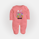 Happy Easter Personalized Fullbody suit – Festive Bunny Design - PEACH - New Born (Chest 7.5")