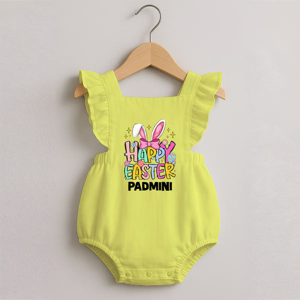 Happy Easter Personalized Romper frock – Festive Bunny Design - PASTEL YELLOW - 0 - 3 Months Old (Chest 19")