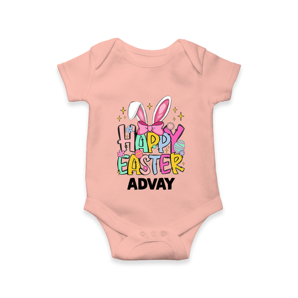 Happy Easter Personalized Romper – Festive Bunny Design - PEACH - New Born (Chest 14")