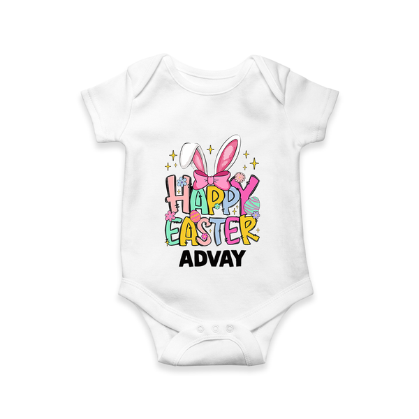 Happy Easter Personalized Romper – Festive Bunny Design - WHITE - New Born (Chest 14")