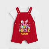 Happy Easter Personalized Dungaree – Festive Bunny Design - RED - 0 - 5 Months Old (Chest 18")