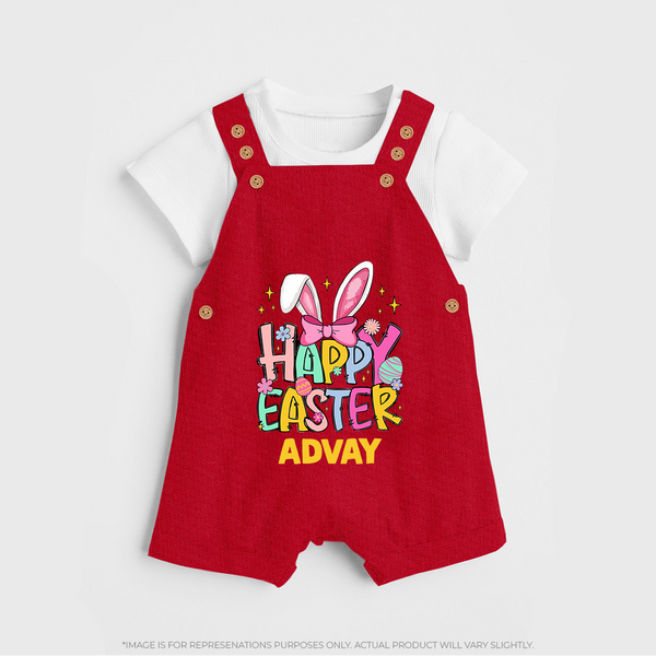 Happy Easter Personalized Dungaree – Festive Bunny Design - RED - 0 - 5 Months Old (Chest 18")