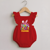 Happy Easter Personalized Romper frock – Festive Bunny Design - RED - 0 - 3 Months Old (Chest 19")