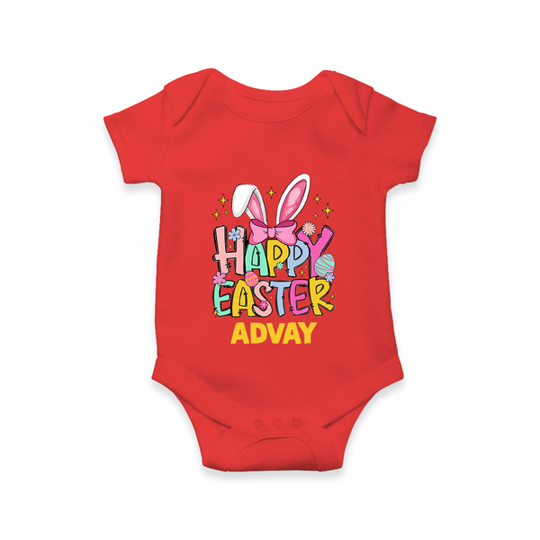 Happy Easter Personalized Romper – Festive Bunny Design - RED - New Born (Chest 14")