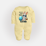 Bunny’s Little Boss Personalized Fullbody suit – Cool Easter Bunny Outfit - PASTEL YELLOW - New Born (Chest 7.5")
