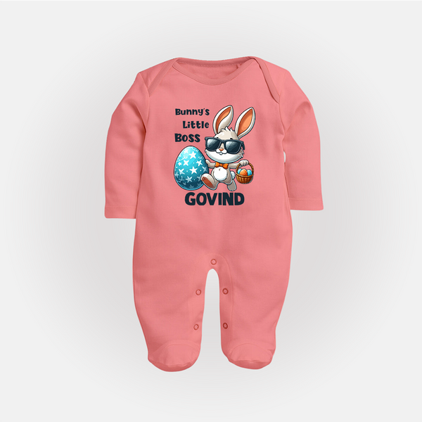 Bunny’s Little Boss Personalized Fullbody suit – Cool Easter Bunny Outfit - PEACH - New Born (Chest 7.5")