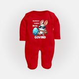 Bunny’s Little Boss Personalized Fullbody suit – Cool Easter Bunny Outfit - RED - New Born (Chest 7.5")