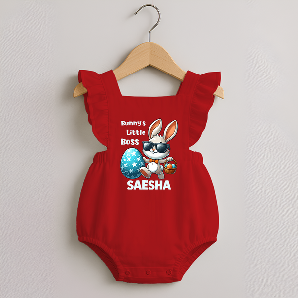 Bunny’s Little Boss Personalized Romper frock – Cool Easter Bunny Outfit - RED - 0 - 3 Months Old (Chest 19")