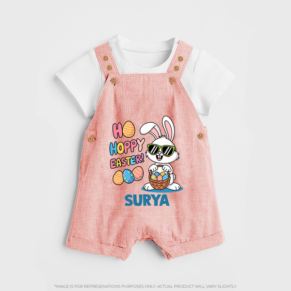 Hoppy Easter Personalized Dungaree – Cute Bunny Egg Basket Design - PEACH - 0 - 5 Months Old (Chest 18")