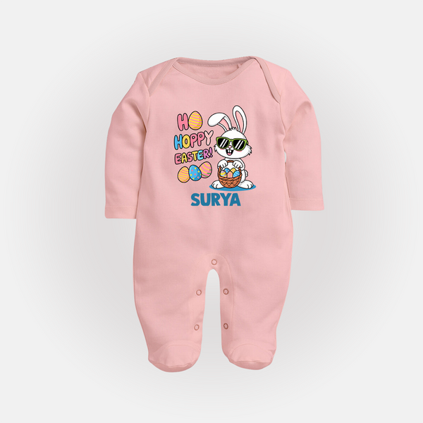 Hoppy Easter Personalized Fullbody suit – Cute Bunny Egg Basket Design - BABY PINK - New Born (Chest 7.5")