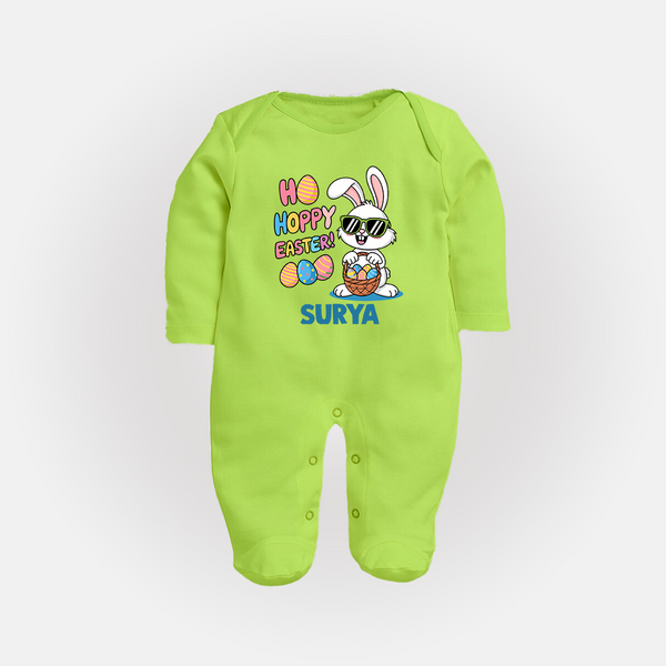 Hoppy Easter Personalized Fullbody suit – Cute Bunny Egg Basket Design - LIME GREEN - New Born (Chest 7.5")