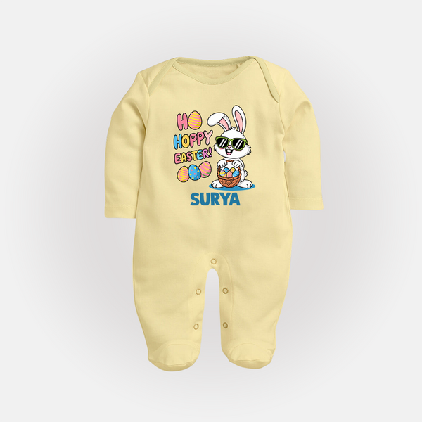 Hoppy Easter Personalized Fullbody suit – Cute Bunny Egg Basket Design - PASTEL YELLOW - New Born (Chest 7.5")
