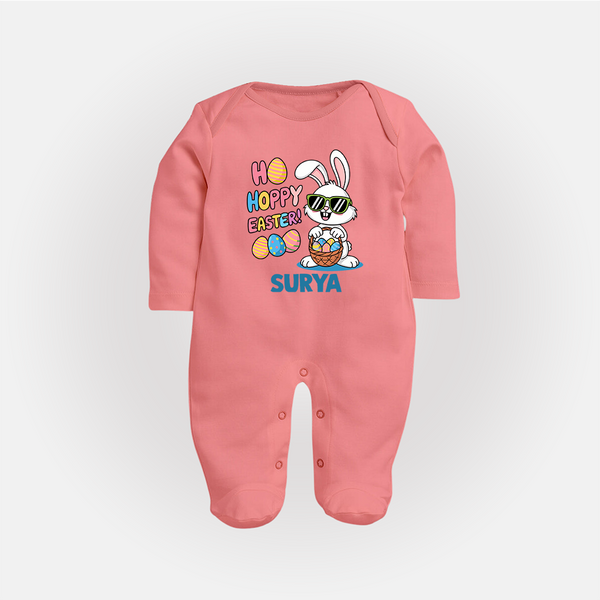Hoppy Easter Personalized Fullbody suit – Cute Bunny Egg Basket Design - PEACH - New Born (Chest 7.5")